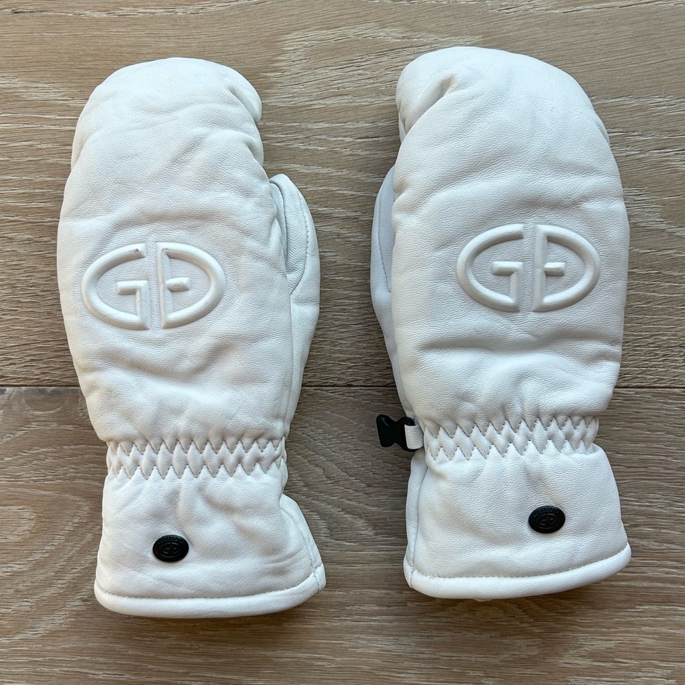 White Leather Goldbergh Logo Ski Mittens, size 6.5